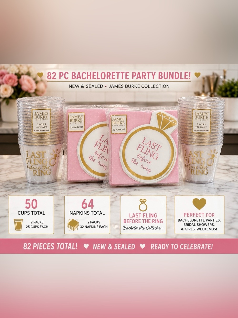 NWT Bundle James Burke Gold-Accent Last Fling Before the Ring Cups & Napkins